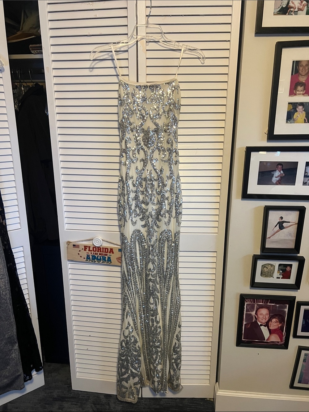 Aqua Ivory Sequin Evening Gown with Silver Beading